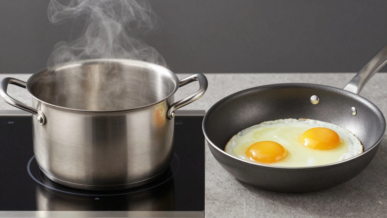 Stainless steel pot on induction stove next to non-stick pan