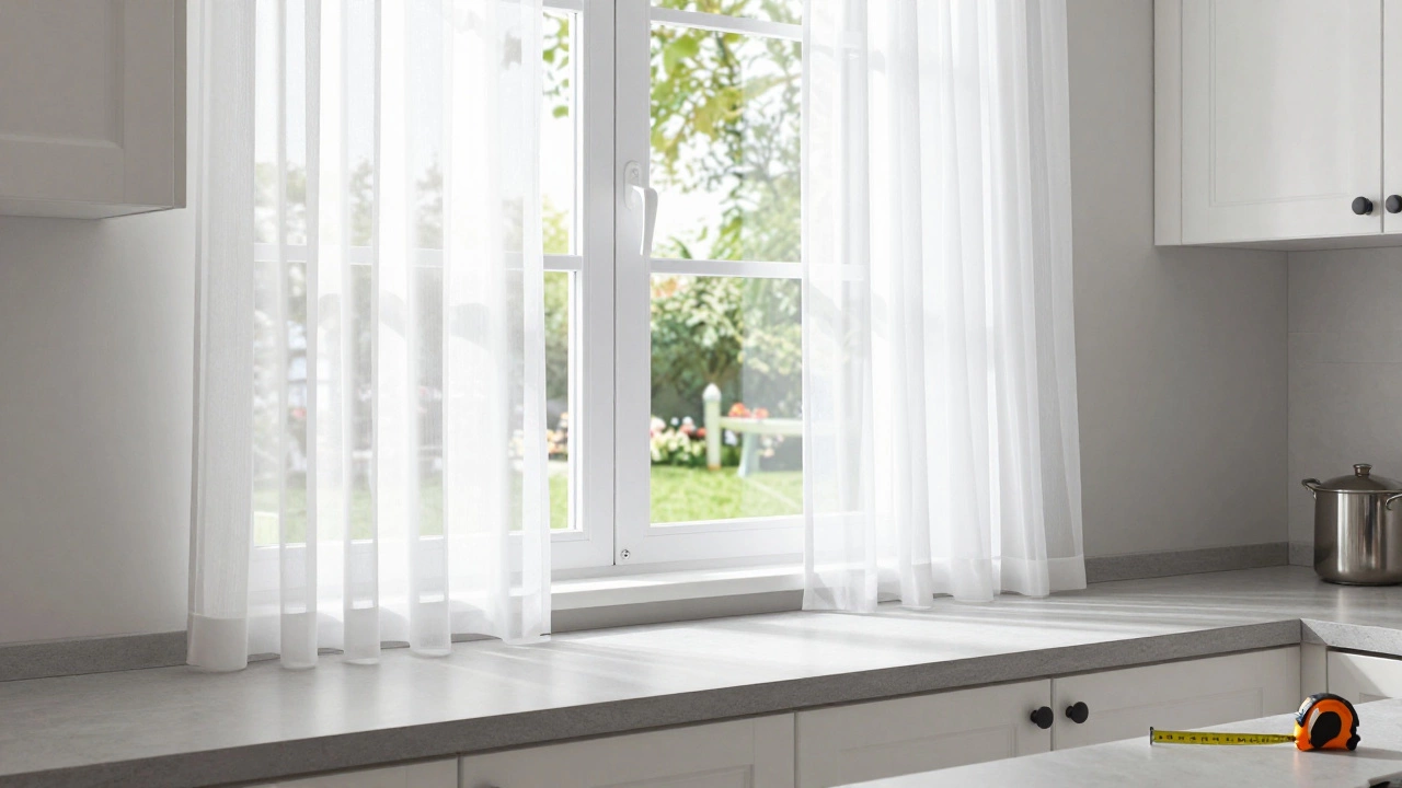 White sheer curtains ending at the window sill in a bright, functional kitchen