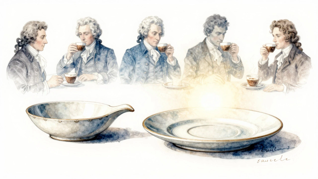 Artistic illustration showing the historical evolution of the saucer from sauce dish