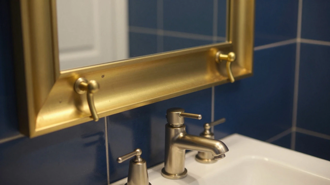 Brushed brass accents paired with navy tiles and nickel faucet