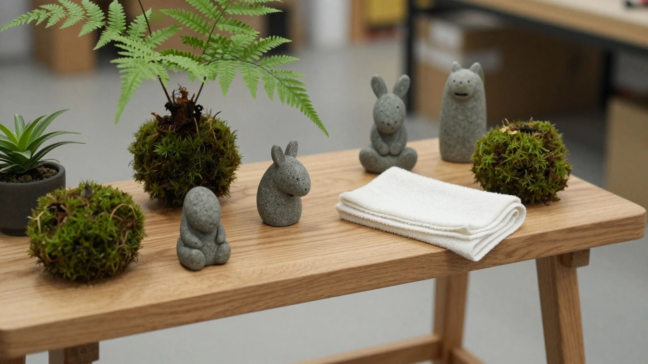 Close-up of styled donkey shelf with plants and cleaning cloth