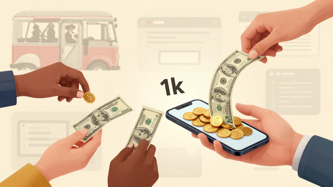 Digital art showing cash transforming into digital data on a phone screen, symbolizing slang evolution.