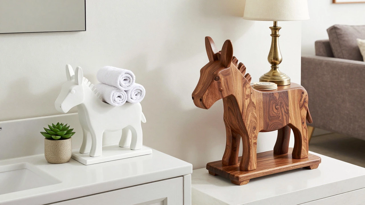 Donkey shelves used as bathroom accent and living room side table