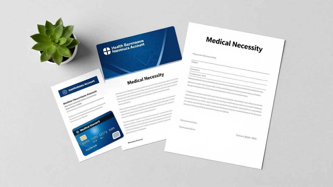 Flat lay of HSA cards, medical credit cards, and a doctor's letter