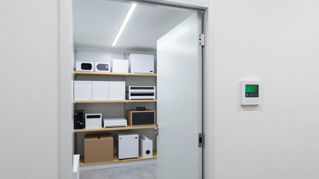 Interior of a climate-controlled storage unit with organized shelves
