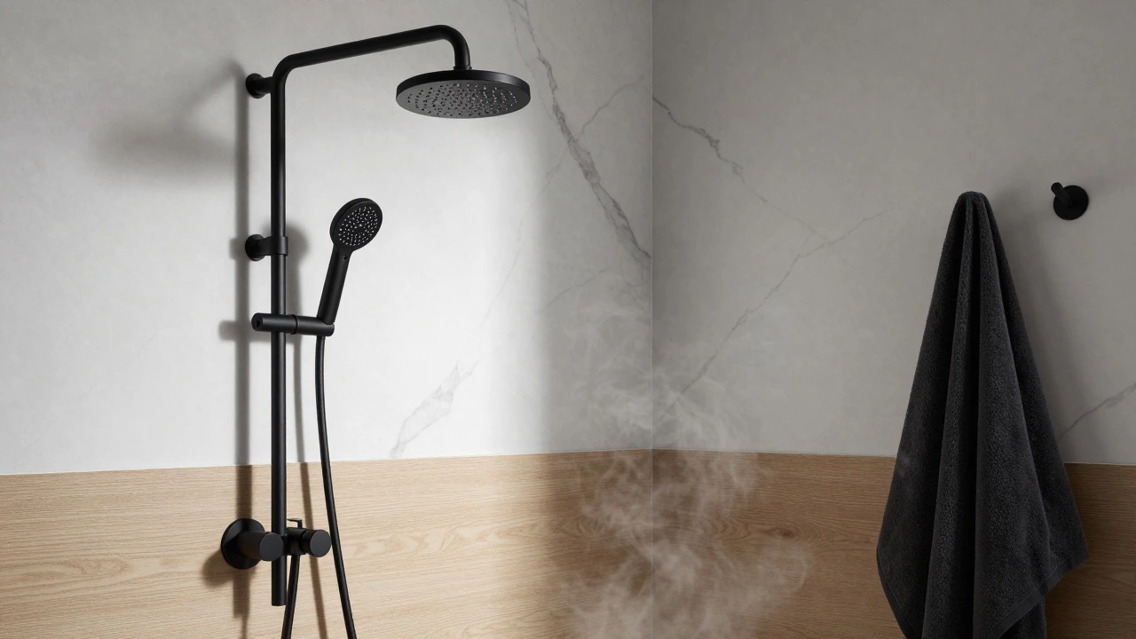 Matte black bathroom fixtures contrasting with white marble and wood