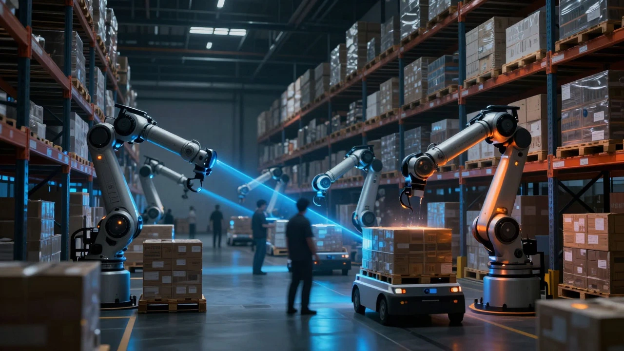 Robotic arms operating inside a futuristic automated warehouse