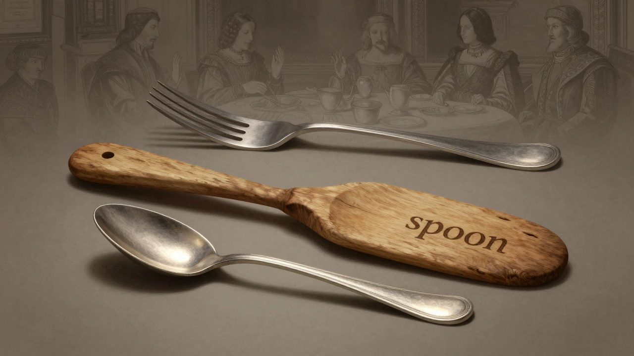 Still life showing a silver spoon, wooden paddle, and fish fork with historical sketches