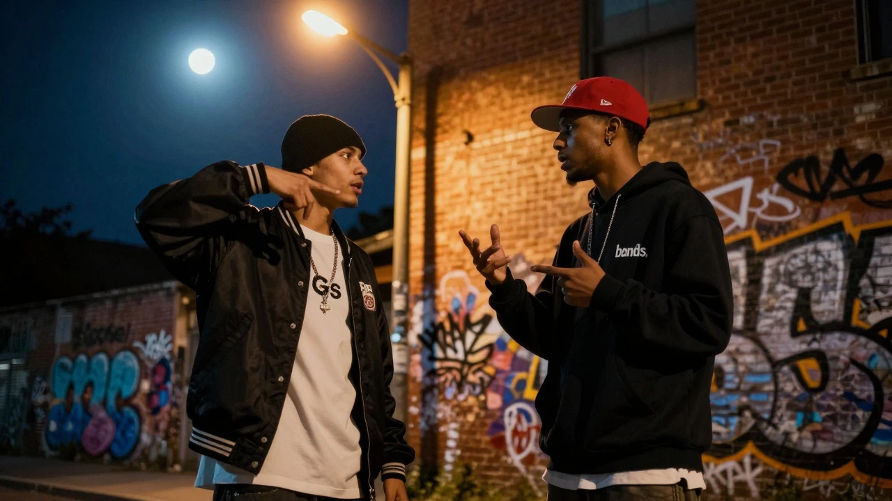 Two young men talking on a graffiti-lined street at night, illustrating casual money slang.