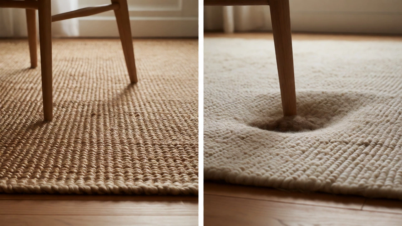 Comparison of sturdy sisal rug versus flattened viscose rug under pressure