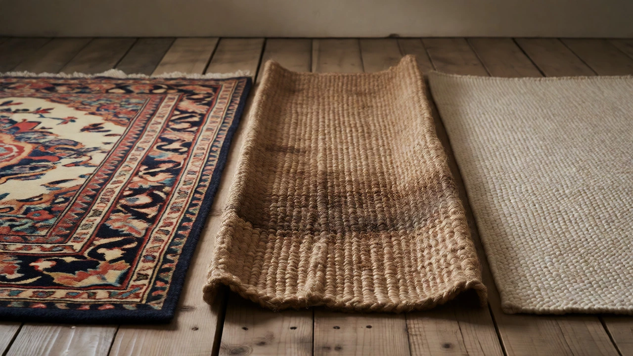 Comparison of wool, jute, and cotton rug textures on a wooden floor