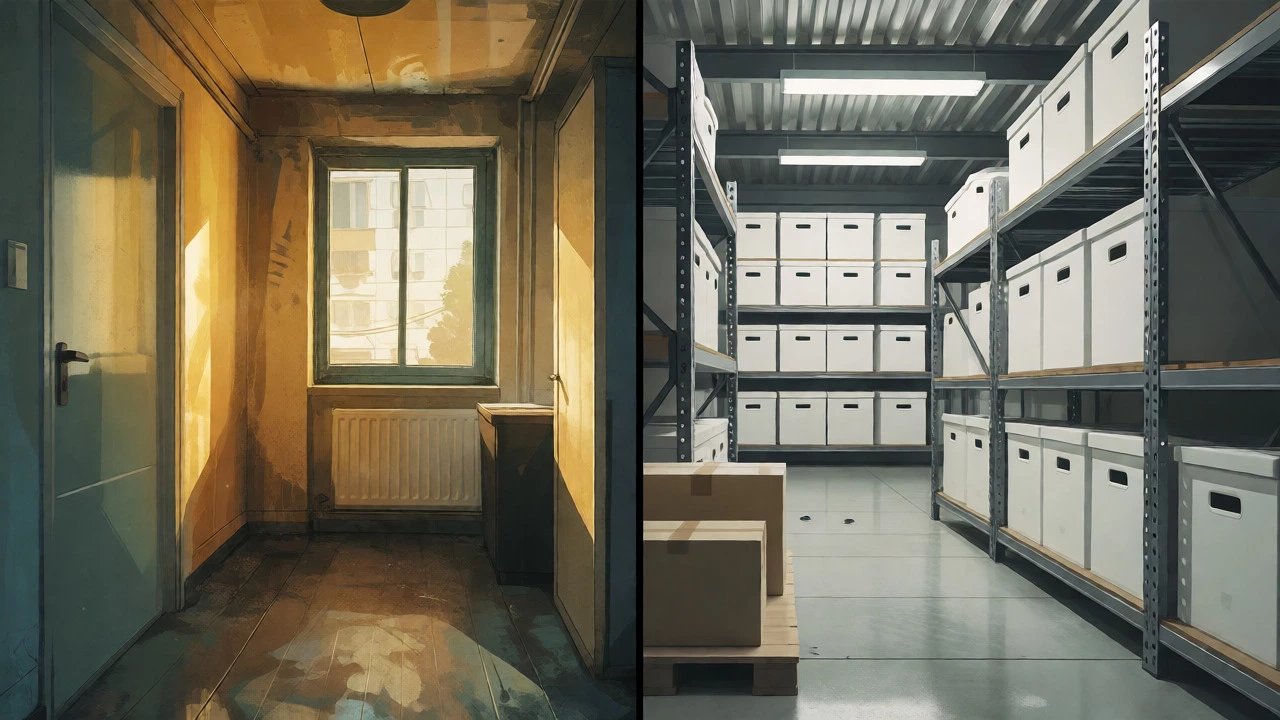 Contrast between cluttered home and organized storage unit