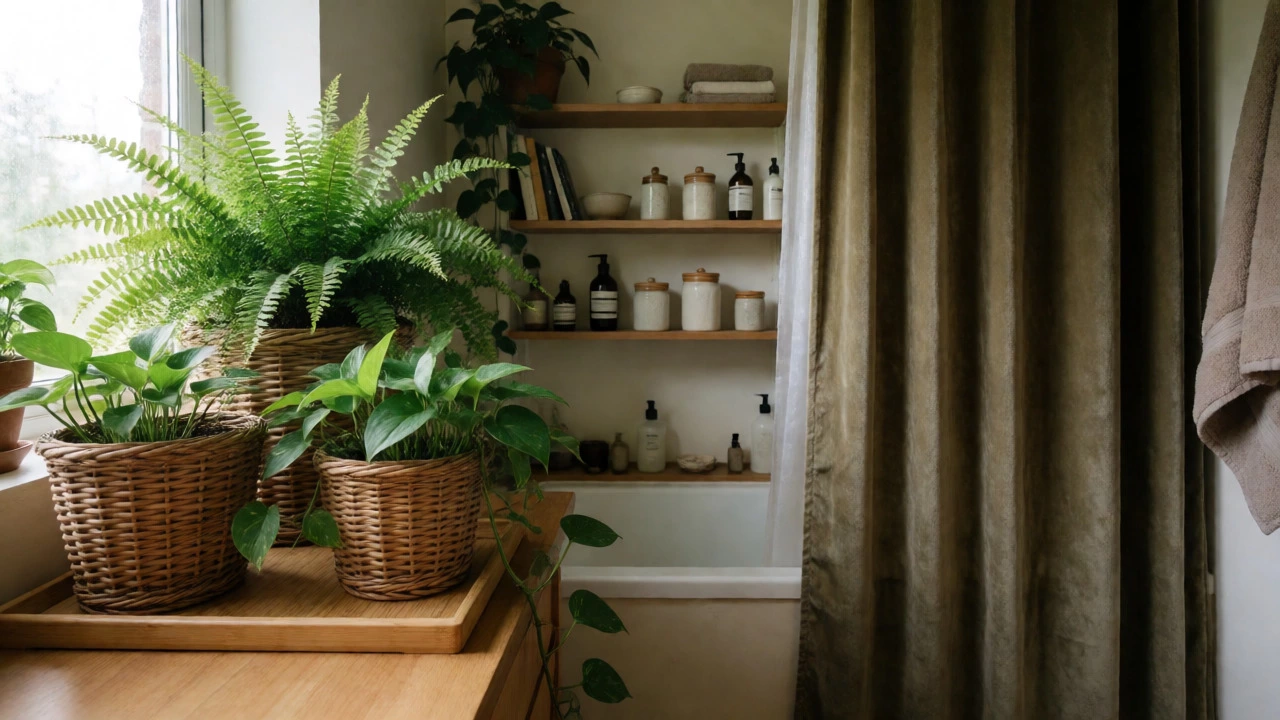 Cozy bathroom with plants, wicker baskets, and velvet curtains