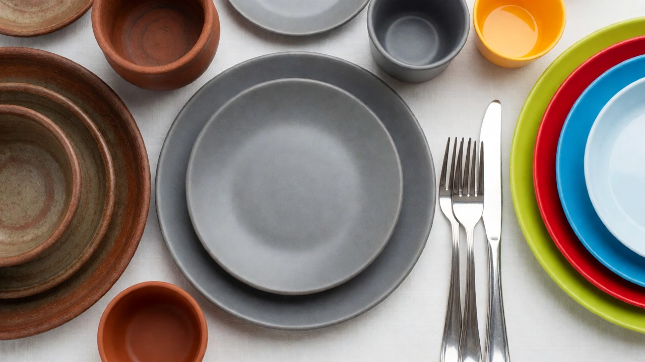 Flat lay comparing earthenware, stoneware, and melamine tableware materials