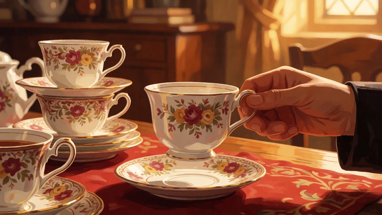 Hand lifting a vintage floral teacup from its saucer during afternoon tea