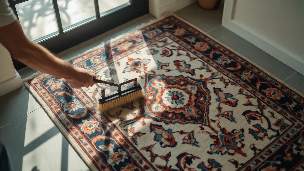Hands brushing a hand-knotted rug to restore fiber volume and loft