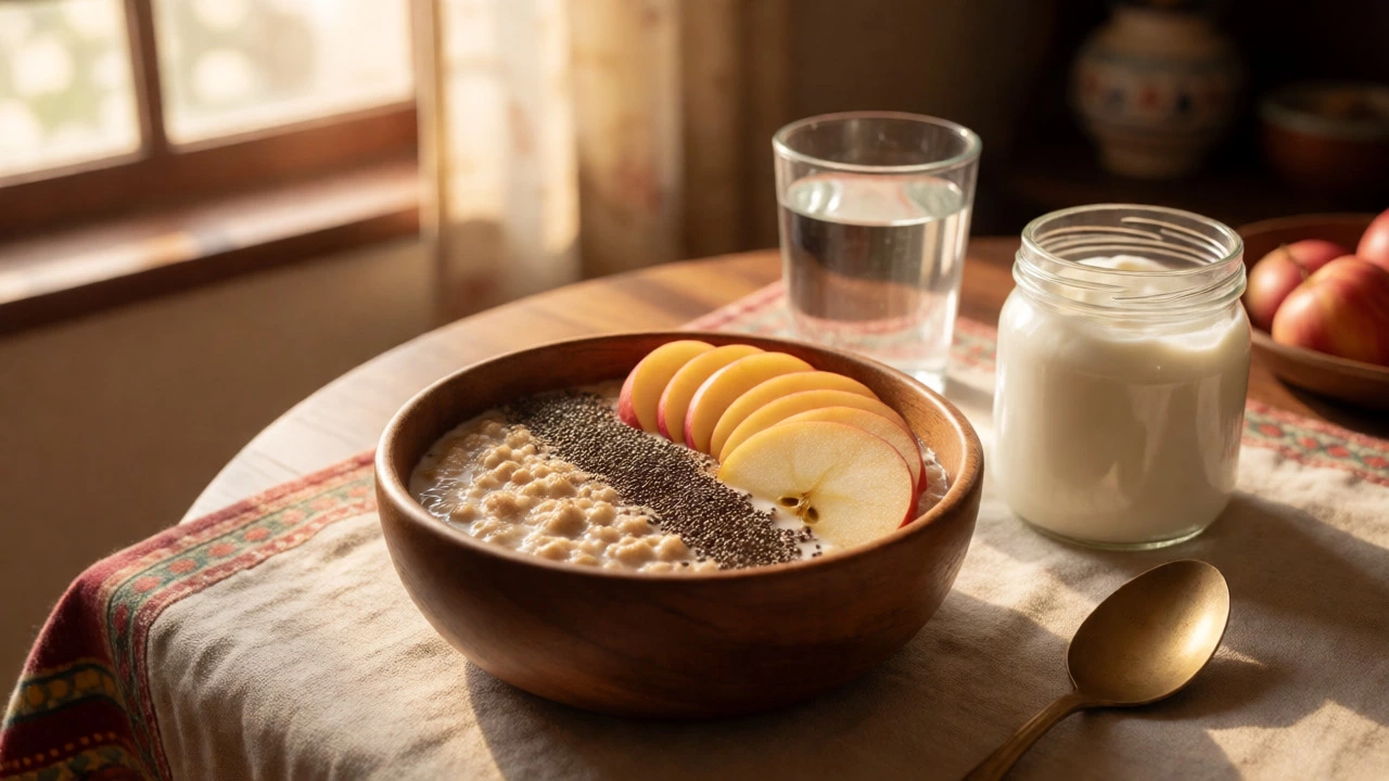 Healthy breakfast with oats, chia seeds, and yogurt for digestion.