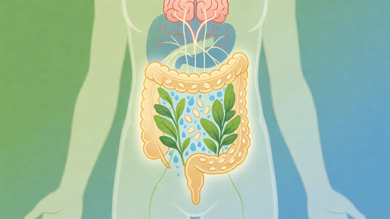 Illustration of the gut-brain axis and fiber aiding digestion.