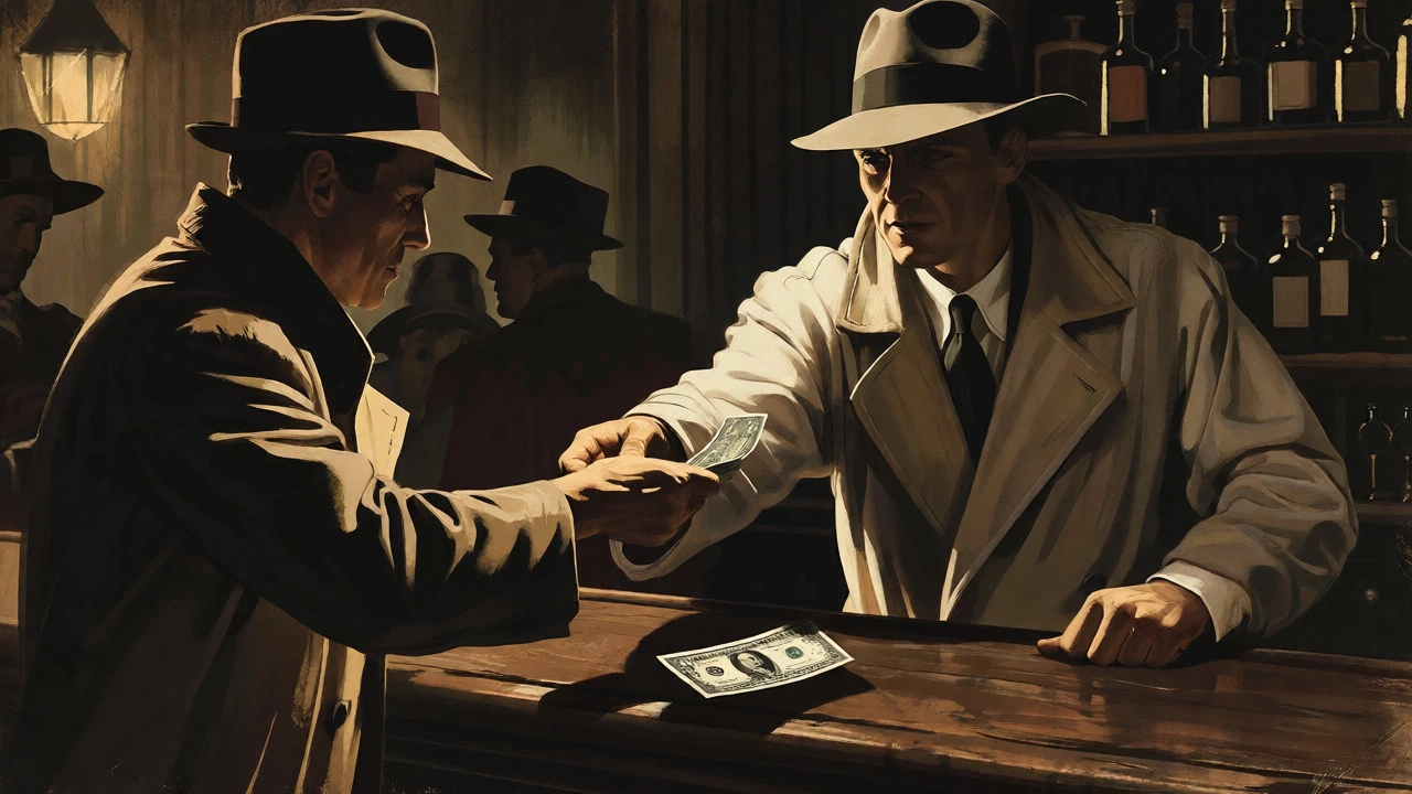 Noir-style illustration of a man paying with a dollar bill in a bar.