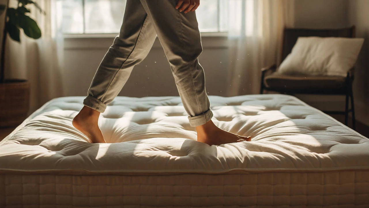 Person walking on mattress to accelerate break-in period