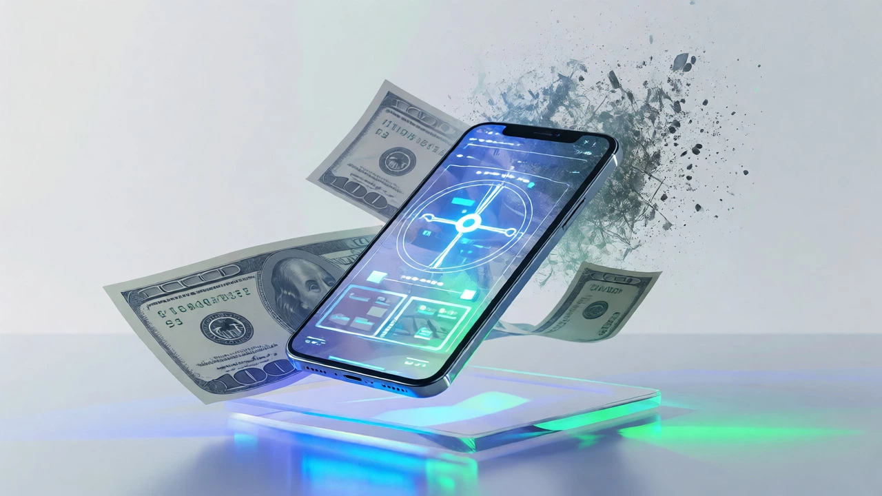 Smartphone with digital balance surrounded by fading dollar bills.