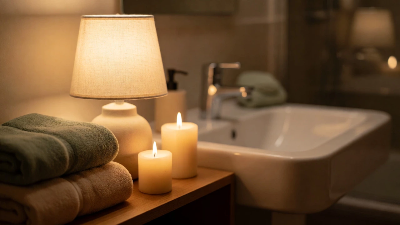 Warmly lit vanity with lamps, candles, and folded towels