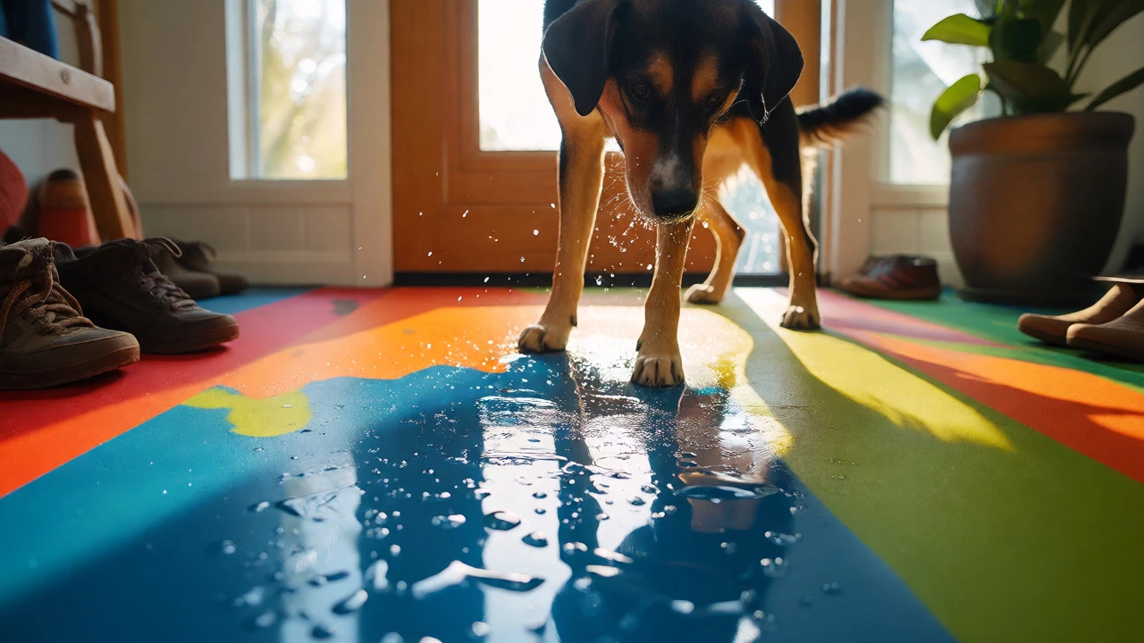 Water droplets beading on a stain-resistant polypropylene entryway rug