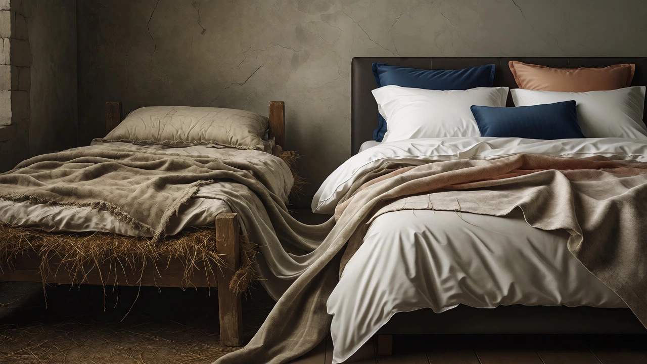 Artistic comparison of medieval straw bedding and modern layered bedding