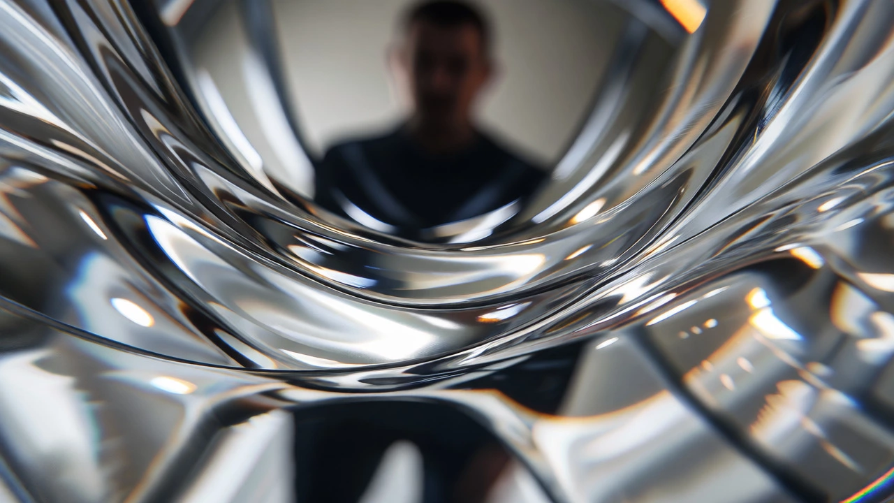Close-up of wavy glass surface showing concave and convex curves distorting a reflected silhouette.