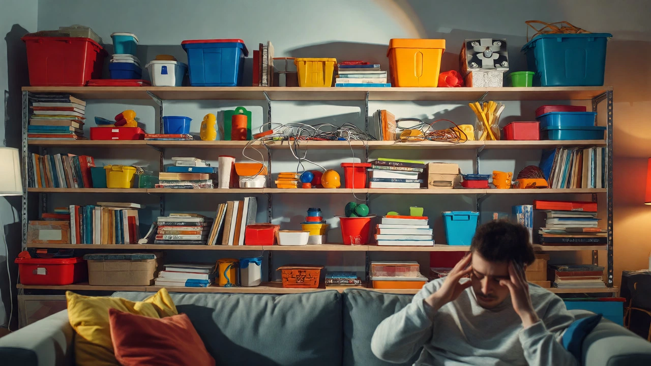 Cluttered open shelf with mismatched items causing visual stress.