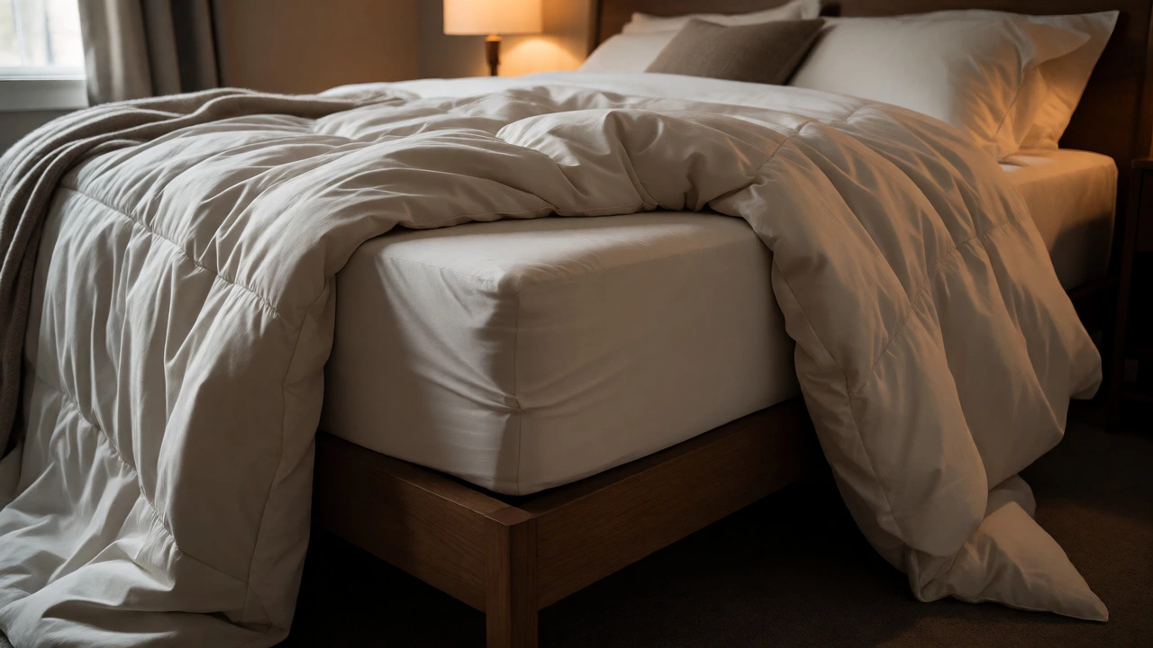 Deep mattress with well-fitted sheets and draped duvet