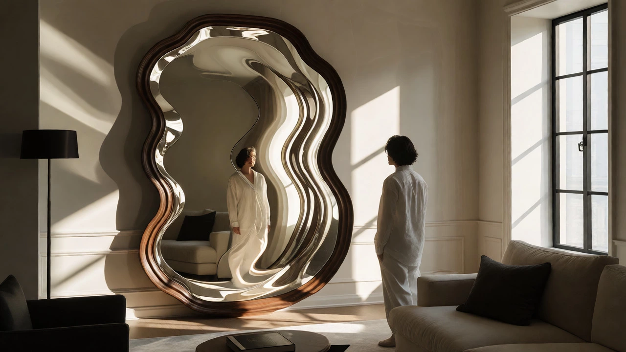 Elegant living room with a large warp mirror creating a soft, rippled reflection of a standing person.