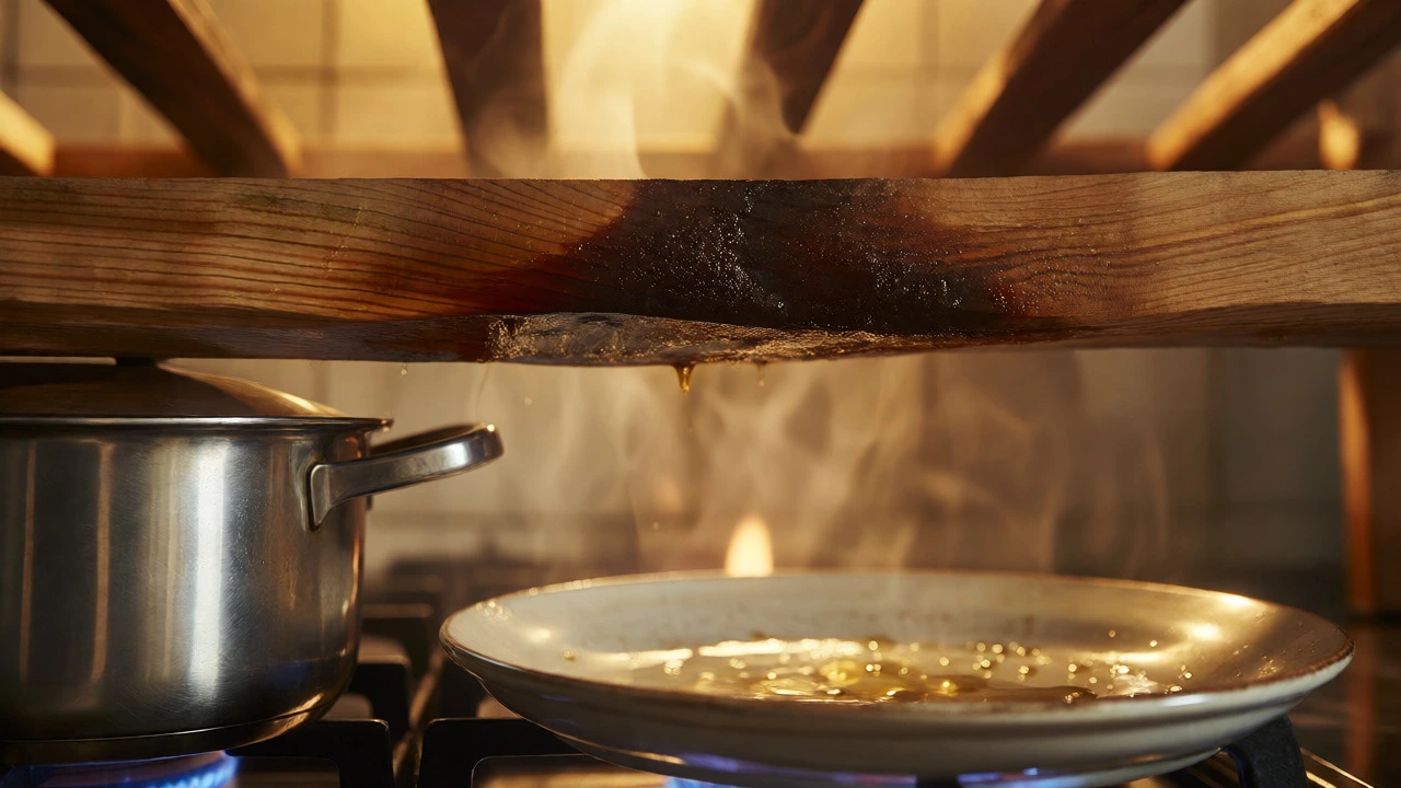 Grease and steam damaging open shelves above a kitchen stove.