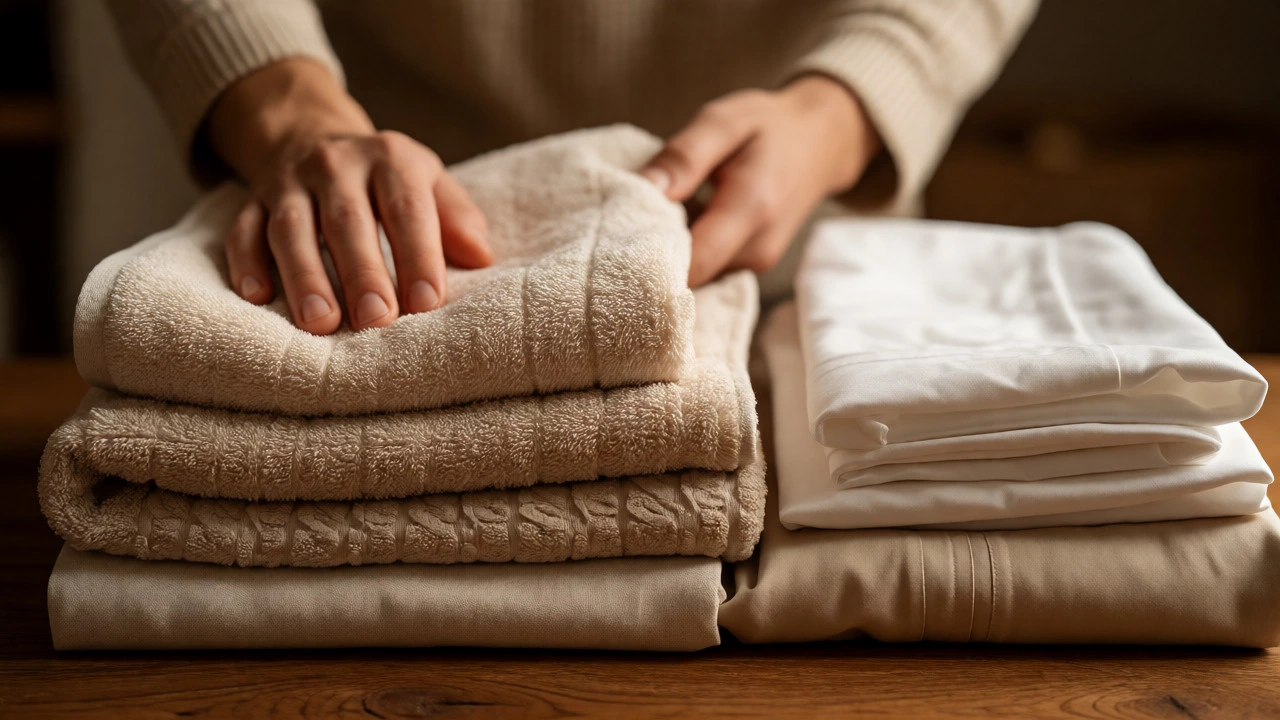Hands organizing a stack of towels, tablecloths, and bed sheets