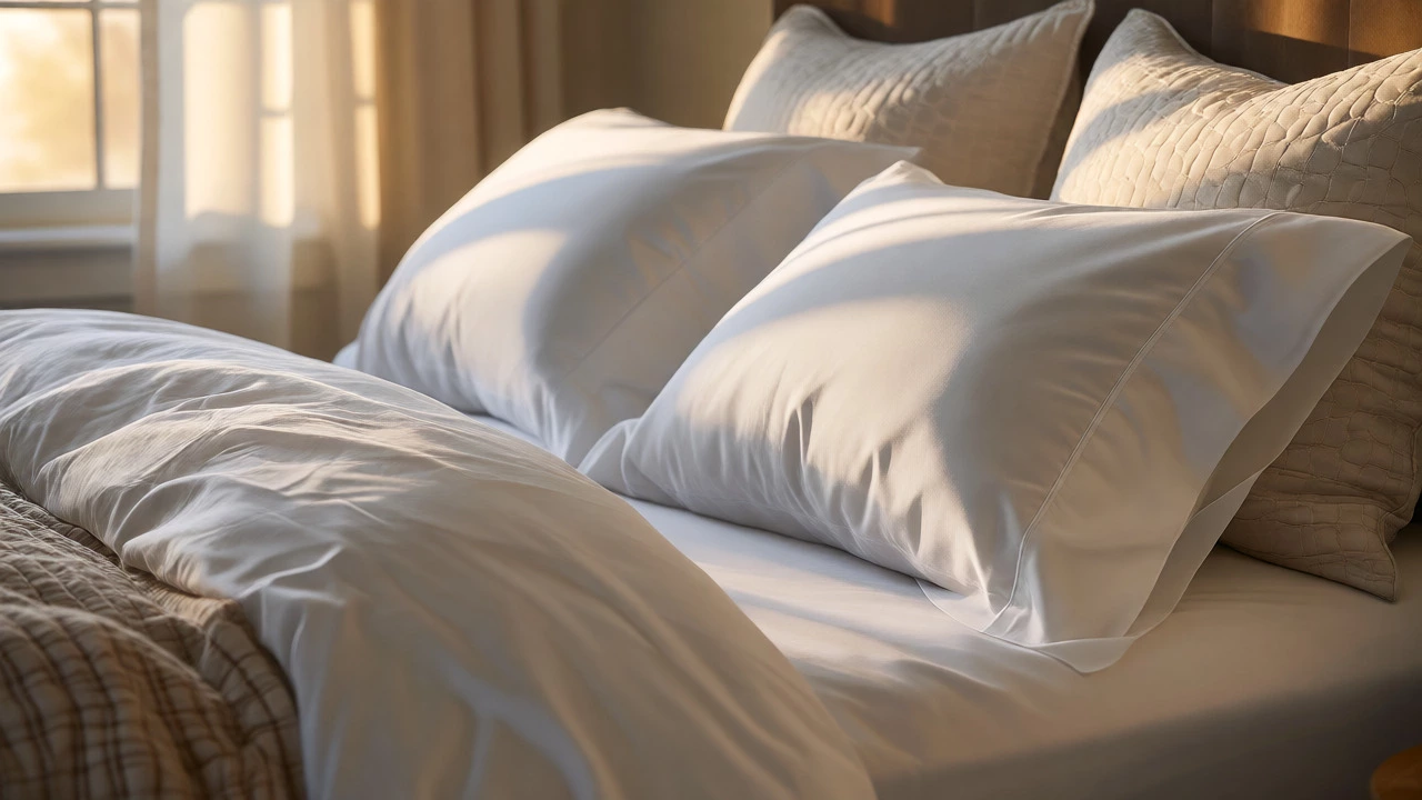 Layered bed with white sheets and duvet in sunlight
