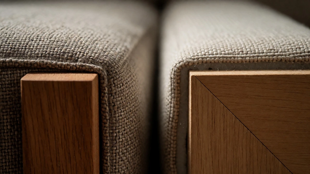 Macro close-up contrasting durable hardwood framing and tight stitching against thinner engineered materials.
