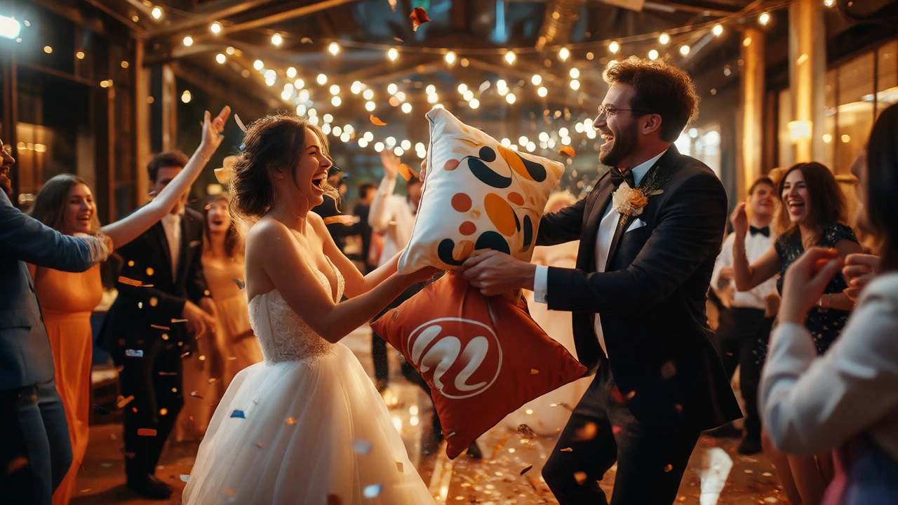 Modern bride and groom engage in a playful pillow fight at their wedding reception.