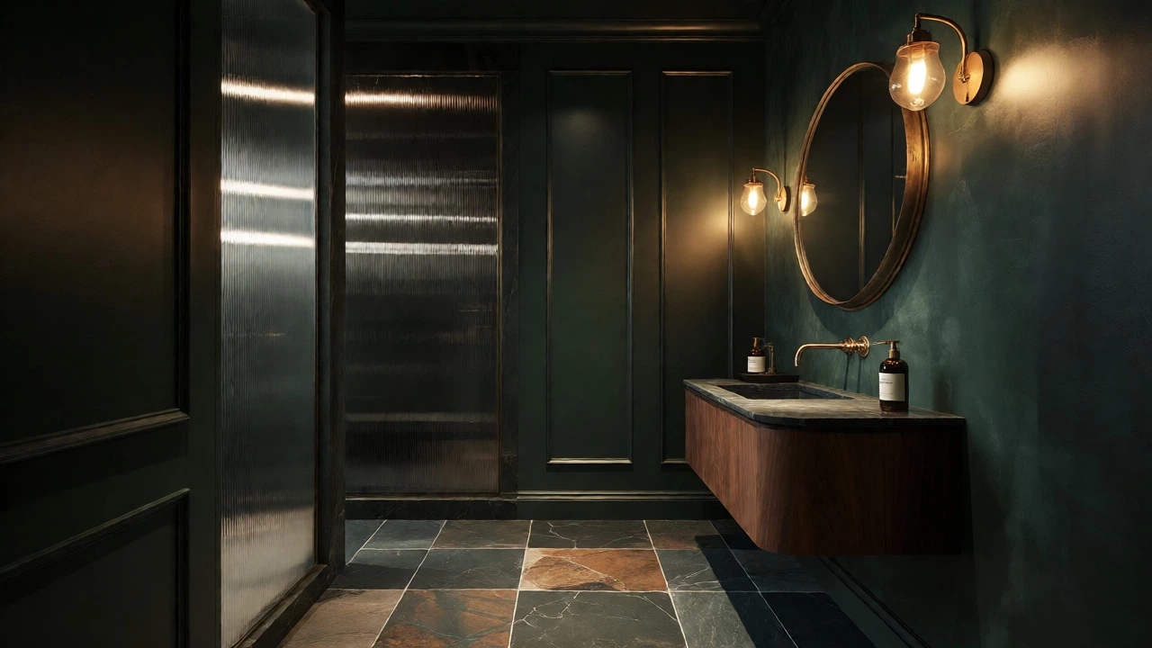 Moody forest green powder room with brass accents