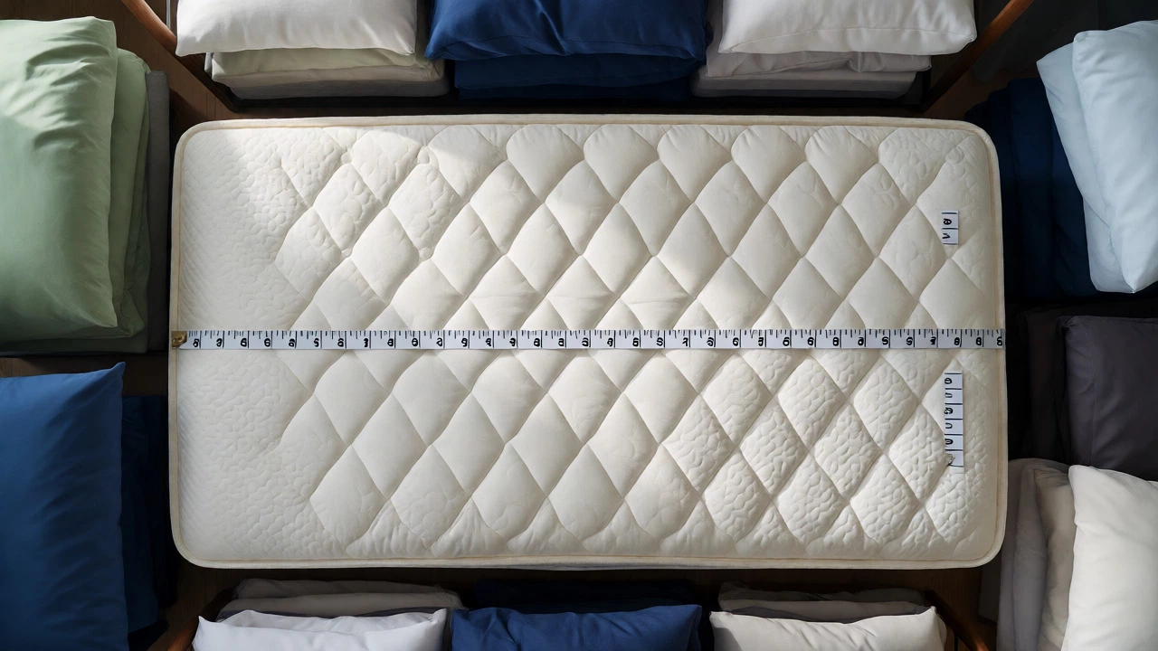 Overhead view of a measuring tape on a bare mattress surrounded by folded bedding sets.