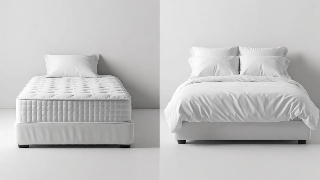 Side-by-side comparison of a narrow Twin XL bed and a wider standard bed to show size differences.