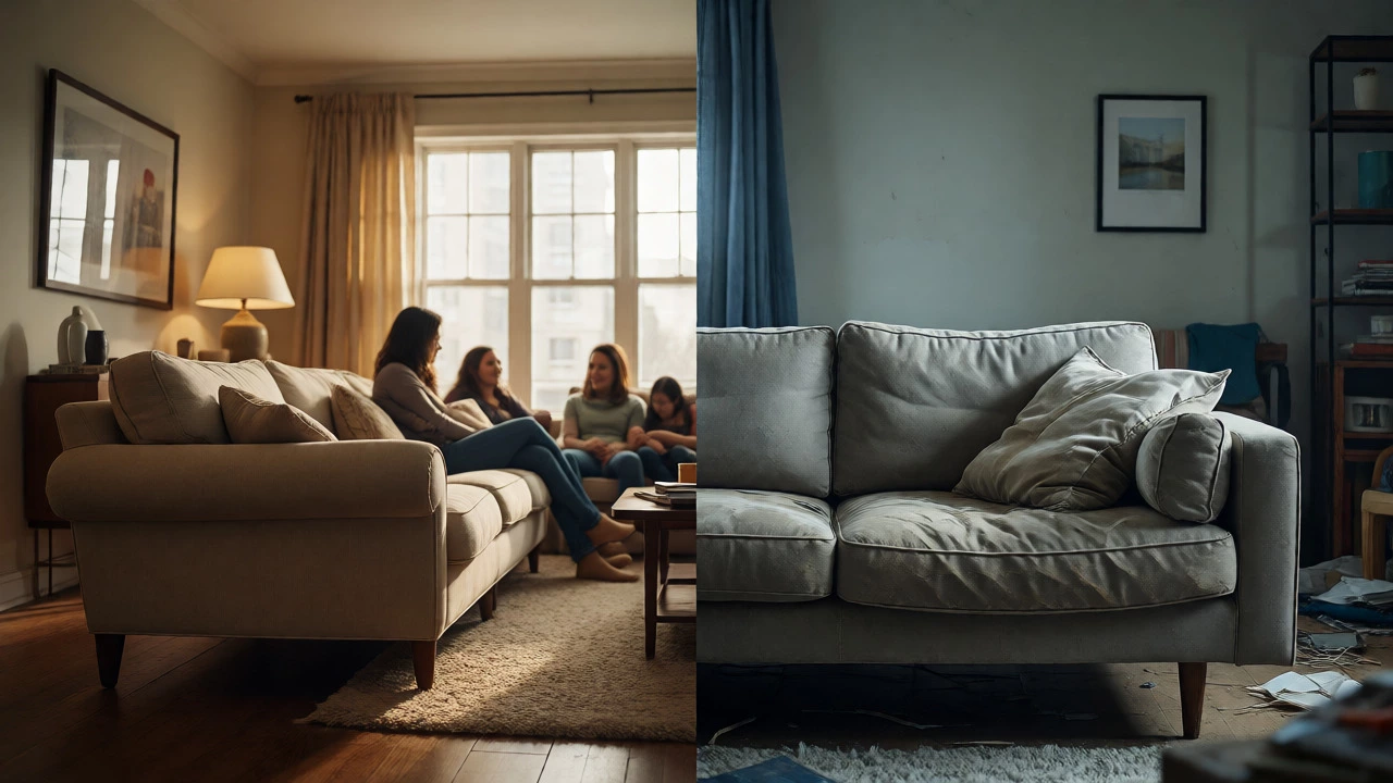 Split view of a long-lasting classic sofa versus a quickly wearing out trendy modern couch in living rooms.