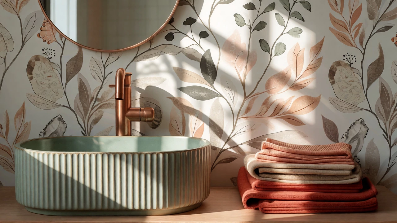 Textured sage green sink and terracotta accessories