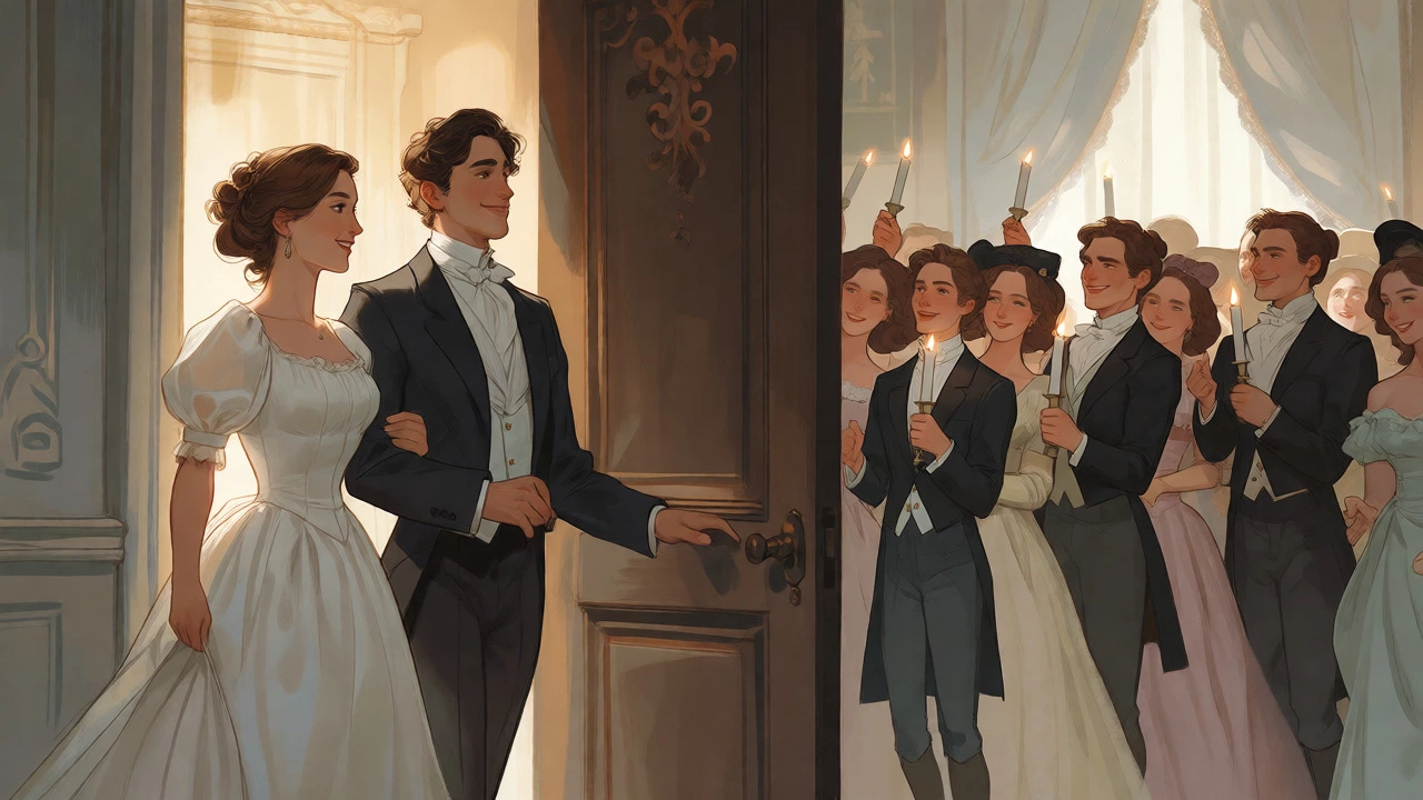 Victorian couple enters bedroom as guests cheer from the doorway holding candles.